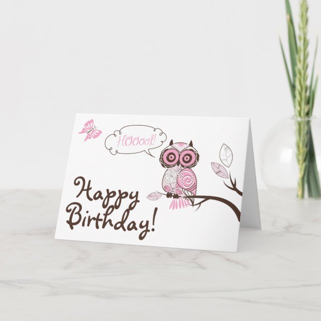 Chouette rose et papillon Floral Bonne carte d'ann (Devant)