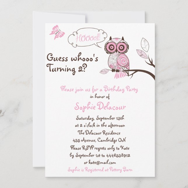 Chouette rose et papillon Floral Invitation d'anni (Devant)