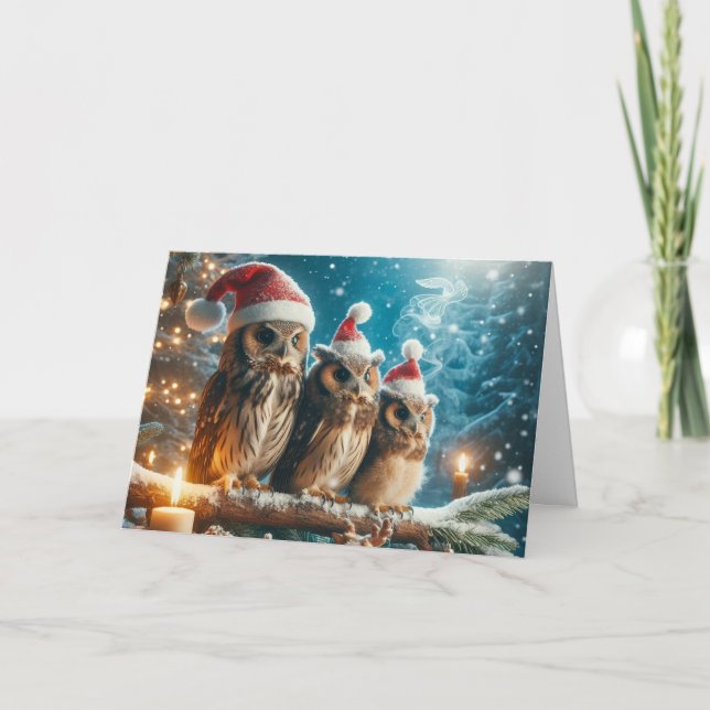 Chouettes bois Noël Cartes de voeux (Devant)