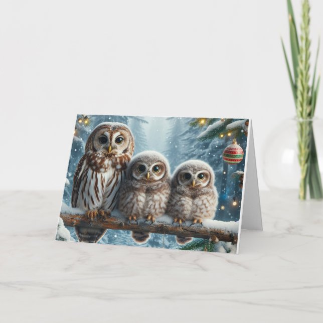 Chouettes bois Noël Cartes de voeux (Devant)