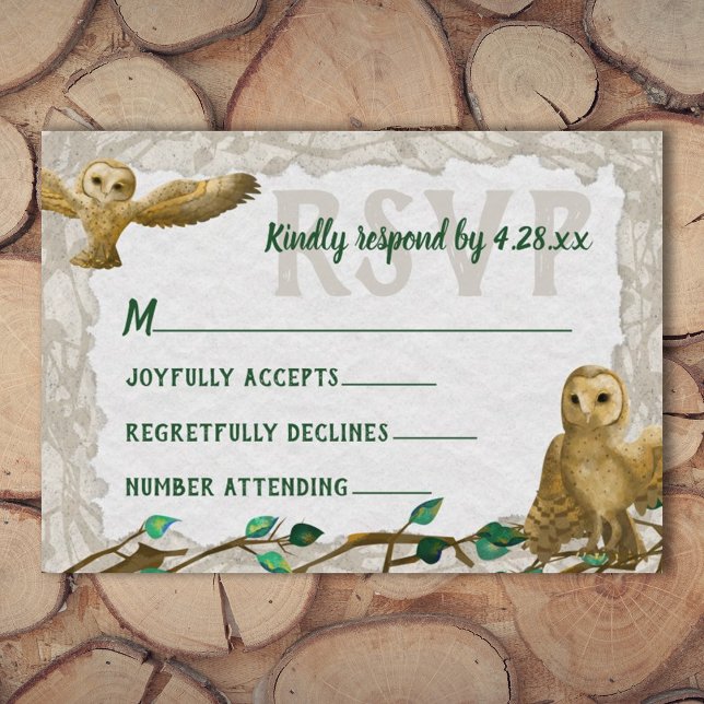 Chouettes, Green Leafy Rustic Bar Mitzvah carte RS (rustic beige green bar mitzvah rsvp card owl nature forest, green script writing, leafy green leaves)
