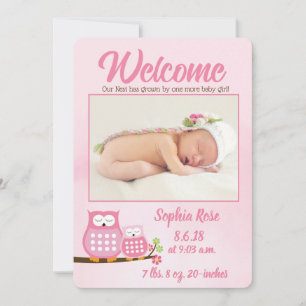 Chouettes roses douces Baby Girl Photo Faire-part 