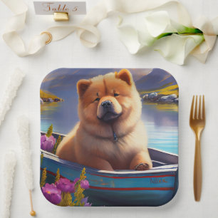 Chow Chow auf einem Paddel: Ein landschaftliches A Pappteller