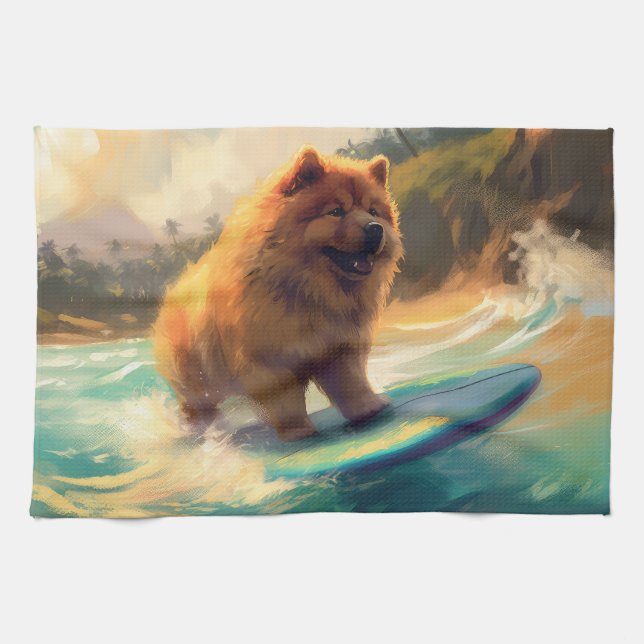 Chow Chow Beach Surfen Malerei Geschirrtuch (Horizontal)
