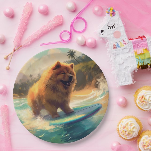 Chow Chow Beach Surfen Malerei Pappteller (Party)