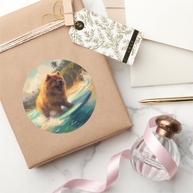 Chow Chow Beach Surfen Malerei Runder Aufkleber (Schenken)