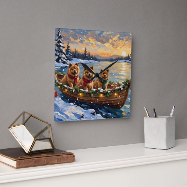 Chow Chow Christmas Boat Holiday Quadratische Wanduhr (Büro)