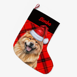 Chow Chow Dog Holiday Red Kariert Personalisiert Großer Weihnachtsstrumpf