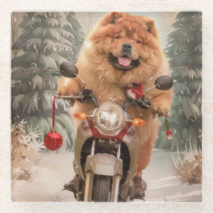 Chow Chow Dog Reiten Motorrad Weihnachten Glasuntersetzer