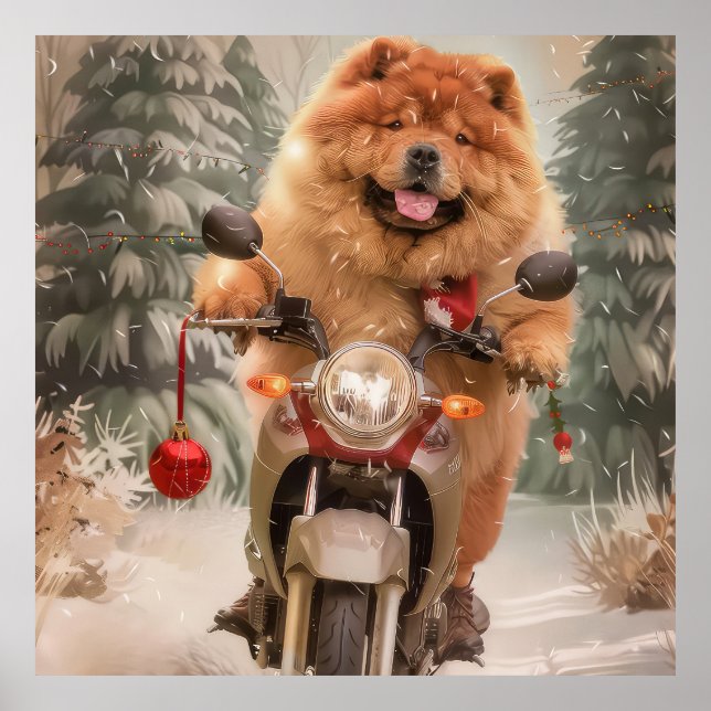 Chow Chow Dog Reiten Motorrad Weihnachten Poster (Vorne)