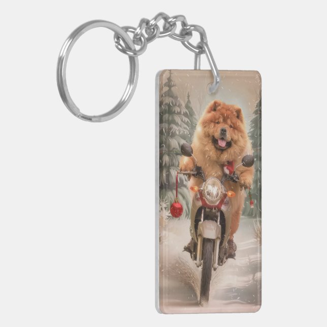 Chow Chow Dog Reiten Motorrad Weihnachten Schlüsselanhänger (Vorderseite links)