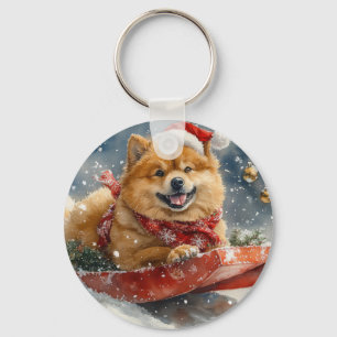 Chow Chow Hund im Schlitten Lass es schneien Weihn Schlüsselanhänger