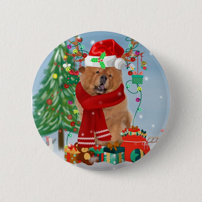 Chow Chow Hund im Schnee mit Weihnachtsgeschenke Button (Vorderseite)