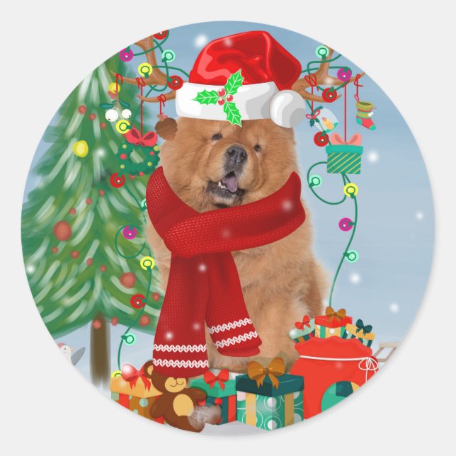 Chow Chow Hund im Schnee mit Weihnachtsgeschenke Runder Aufkleber (Vorderseite)