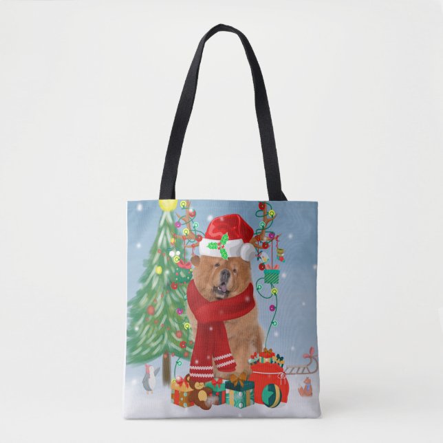 Chow Chow Hund im Schnee mit Weihnachtsgeschenke Tasche (Vorderseite)