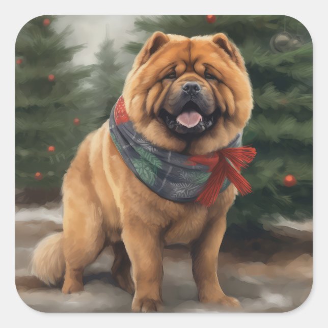 Chow Chow Hund im Schnee Weihnachten Quadratischer Aufkleber (Vorderseite)