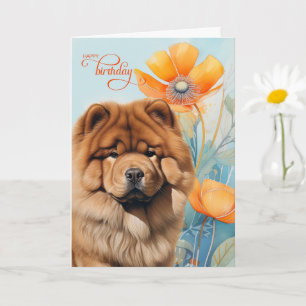 Chow-Chow-Hund in einem orangen Mohn-Garten Geburt Karte
