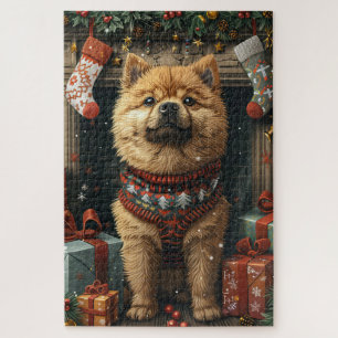 Chow-Chow-Hund mit Weihnachtsgeschenken am Kamin