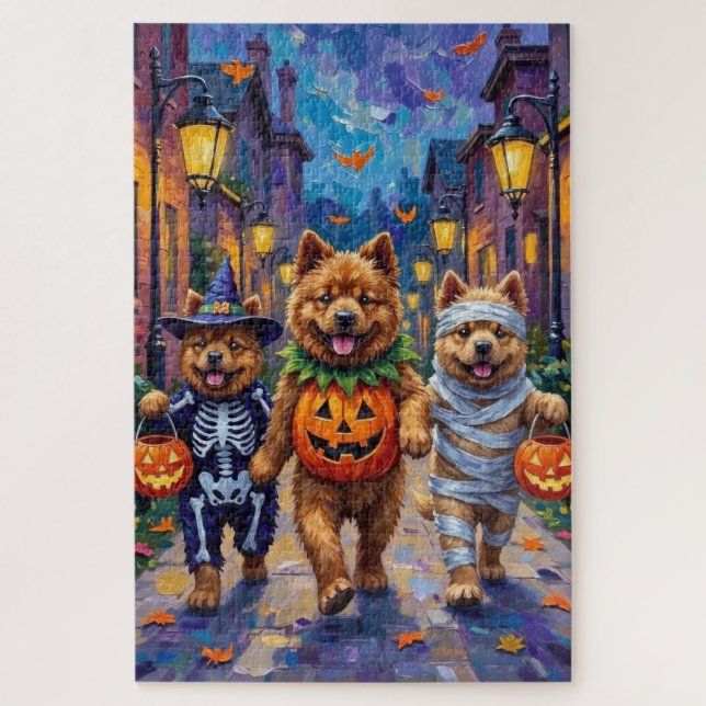 Chow-Chow-Hunde beim Trick-or-Treat Halloween-Kost (Vertikal)