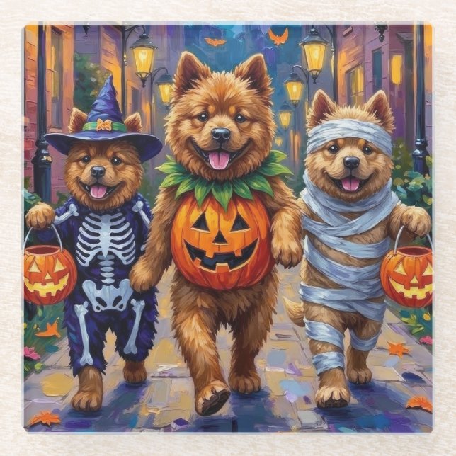 Chow Chow Hunde Trick-oder-Treating Halloween-Kost Glasuntersetzer (Vorderseite)
