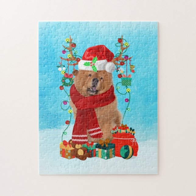 Chow Chow im Schnee mit Weihnachtsgeschenke (Vertikal)