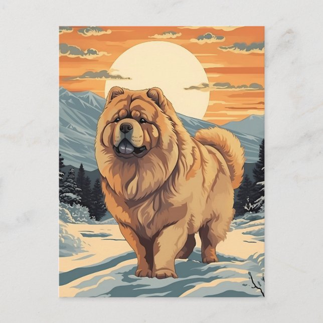 Chow Chow in den schneebedeckten Bergen bei Sonnen Postkarte (Vorderseite)