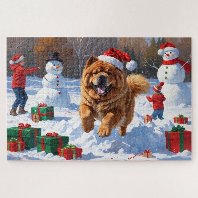 Chow Chow läuft im Schnee mit Weihnachtsmütze (Horizontal)