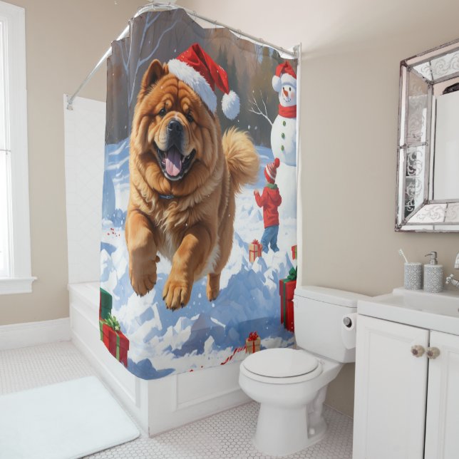 Chow Chow läuft im Schnee mit Weihnachtsmütze Duschvorhang (Beispiel)