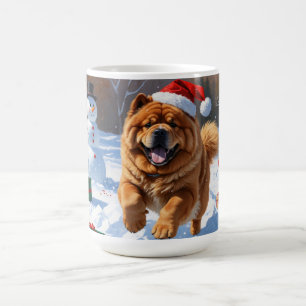 Chow Chow läuft im Schnee mit Weihnachtsmütze Kaffeetasse