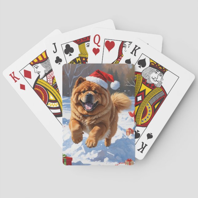 Chow Chow läuft im Schnee mit Weihnachtsmütze Spielkarten (Rückseite)