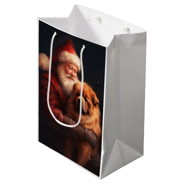 Chow Chow mit dem Weihnachtsmann Weihnachten Mittlere Geschenktüte (Vorderseite Schrägansicht)