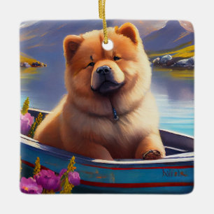Chow Chow on a Paddle: Ein Landschaftliches Abente Keramikornament