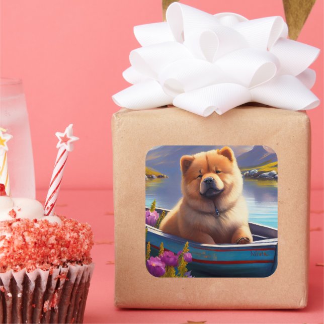 Chow Chow on a Paddle: Ein Landschaftliches Abente Quadratischer Aufkleber (Party)