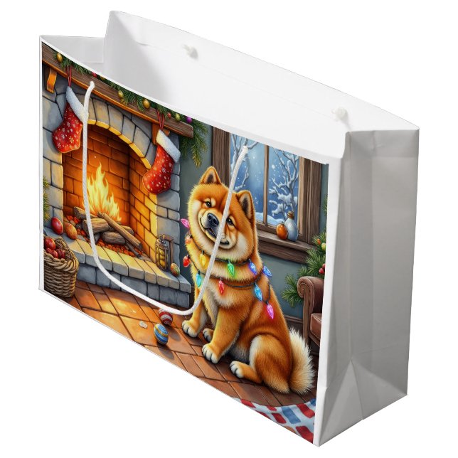 Chow Chow Sitting Fireplace with Christmas Lights Große Geschenktüte (Vorderseite Schrägansicht)