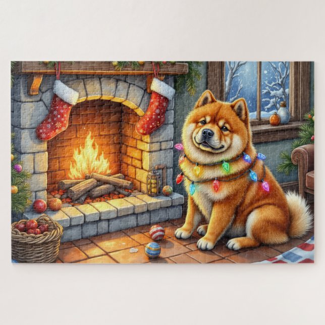 Chow Chow sitzt vor dem Kamin mit Weihnachtslichte (Horizontal)