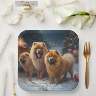 Chow Chow Snowy Sleigh Weihnachtsdekor Pappteller