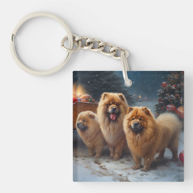 Chow Chow Snowy Sleigh Weihnachtsdekor Schlüsselanhänger (Vorderseite)