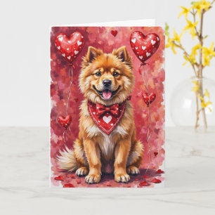 Chow Chow Valentinstag Hund sitzt mit Herzen Rot Karte