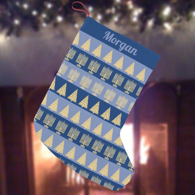 Chrismukkah Gold Menorah Treppenstufen Muster Kleiner Weihnachtsstrumpf (Add your child's name to this fun interfaith holidays Hanukkah Christmas stocking)