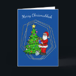 Chrismukkah Santa mit Menorah Weihnachtskarte Karte<br><div class="desc">Diese Chrismukka-Karte enthält den Weihnachtsmann, der eine Menorah am Weihnachtsbaum mit Stern und Lichtern hält. So kann Ihr Urlaub entweder von einem Weihnachtsbaum oder von den Kerzen auf der Menorah hell sein. Nun, das ist sowieso meine Idee. Aber Sie können den inneren Gruß ändern, um Ihren(n) Empfänger(en) nach Ihren Wünschen...</div>