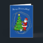 Chrismukkah Santa mit Menorah Weihnachtskarte Karte<br><div class="desc">Diese Chrismukka-Karte enthält den Weihnachtsmann, der eine Menorah am Weihnachtsbaum mit Stern und Lichtern hält. So kann Ihr Urlaub entweder von einem Weihnachtsbaum oder von den Kerzen auf der Menorah hell sein. Nun, das ist sowieso meine Idee. Aber Sie können den inneren Gruß ändern, um Ihren(n) Empfänger(en) nach Ihren Wünschen...</div>