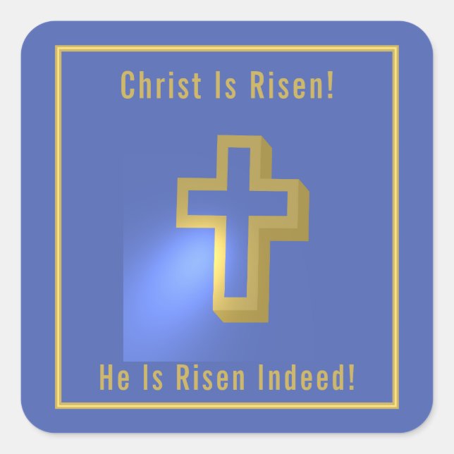 Christ ist Risen Blue Gold Religious Cross Oster Quadratischer Aufkleber (Vorderseite)