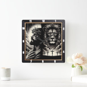 Christ Lion Calvary Religious Quadratische Wanduhr