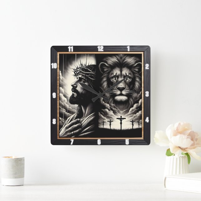 Christ Lion Calvary Religious Quadratische Wanduhr (Zuhause)