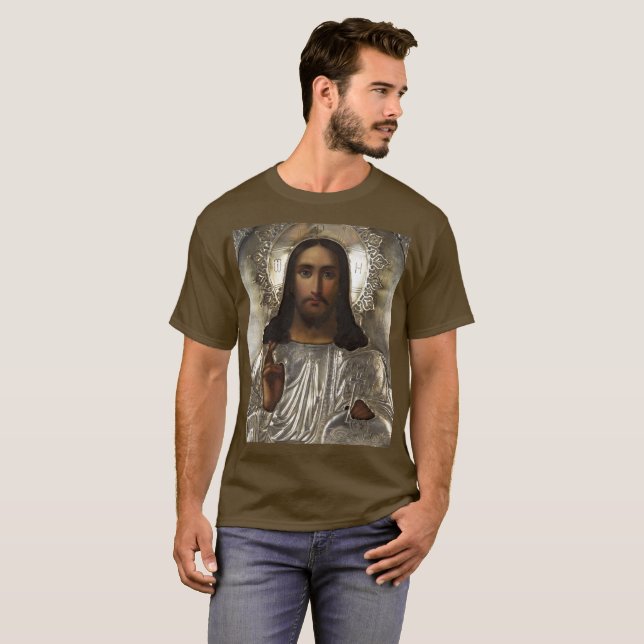 Christ Pantocrator Silver Oklad Riza Russisches Sy T-Shirt (Vorne ganz)