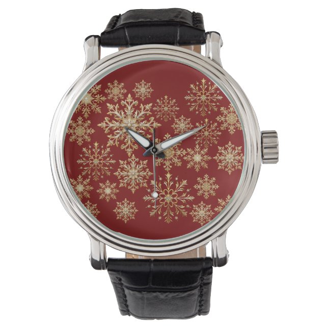 Christams Gold and Red Snowflake  Armbanduhr (Vorderseite)