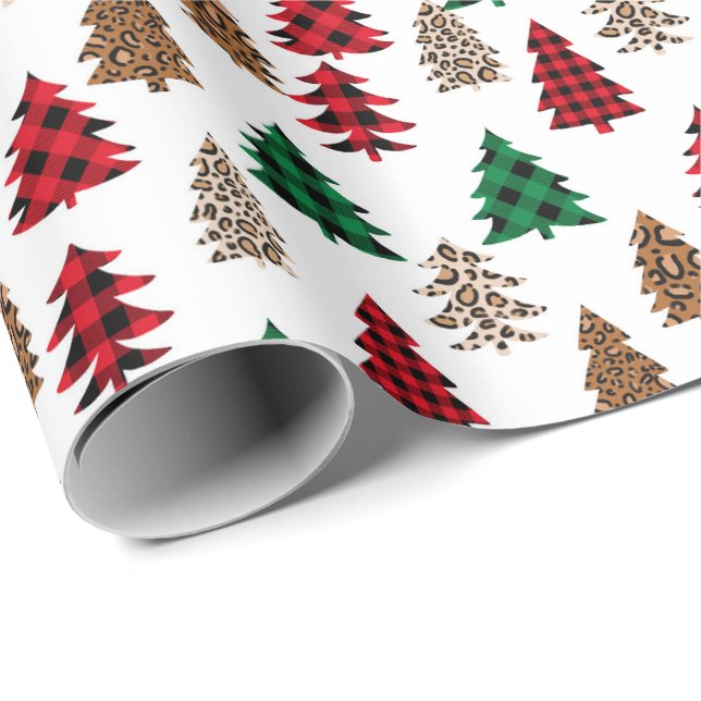 Christbaum Buffalo Kariert und Leopard Geschenkpapier (Rolleneckpunkt)