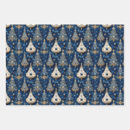 Christbaum, Rot, Grün, blau, Edelsteine, festliche Geschenkpapier Set