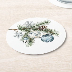 Christbaum Silber-Schneeflocken Blaue Ornamente Runder Pappuntersetzer