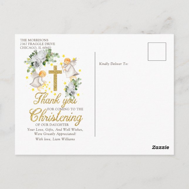 Christening Angels Glitzer Danke Postcard Postkarte (Rückseite)